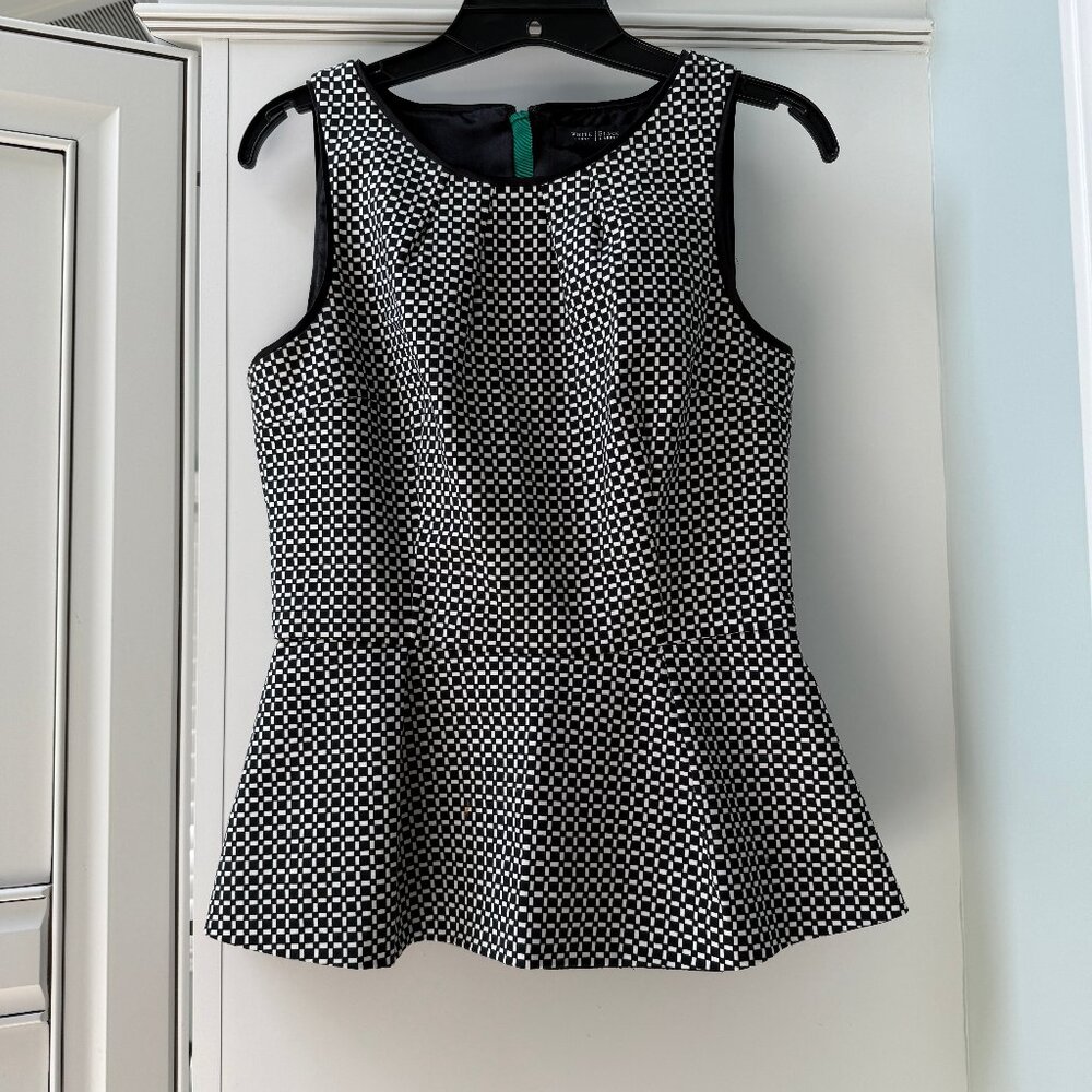 White House Black Market Peplum Sleeveless Graphic Print Top, Sz 4, Black White